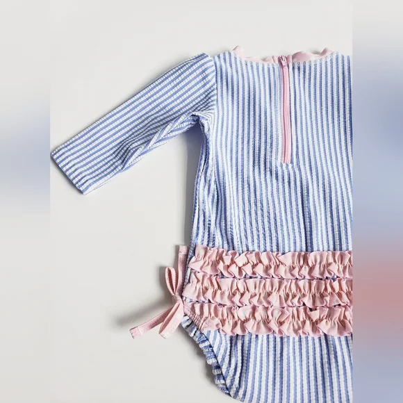 Ruffle Butts Periwinkle Blue Sunseeker Long Sleeve Rash Guard One Piece Swimsuit